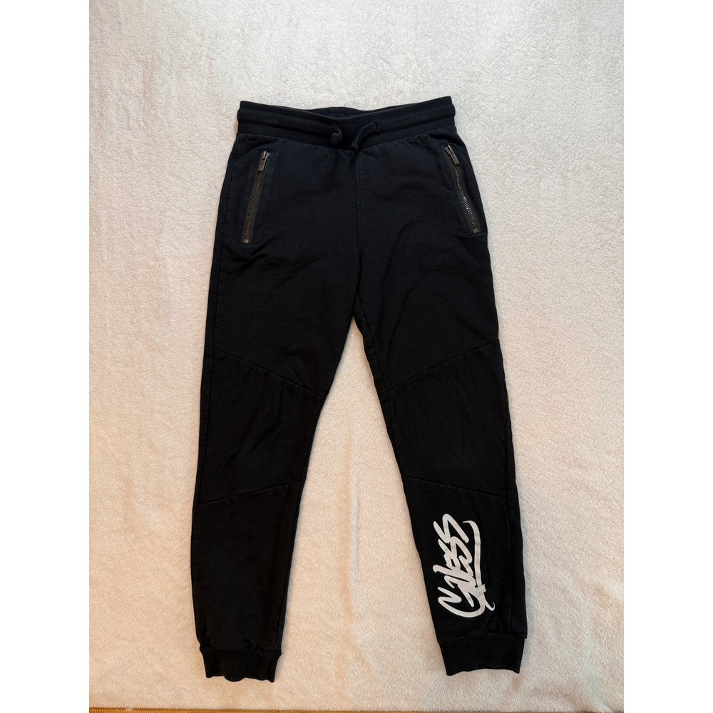 Guess Kids Black Graffiti Logo Fleece Joggers Zipper Pockets Size 8 L2BQB0 KA3T0